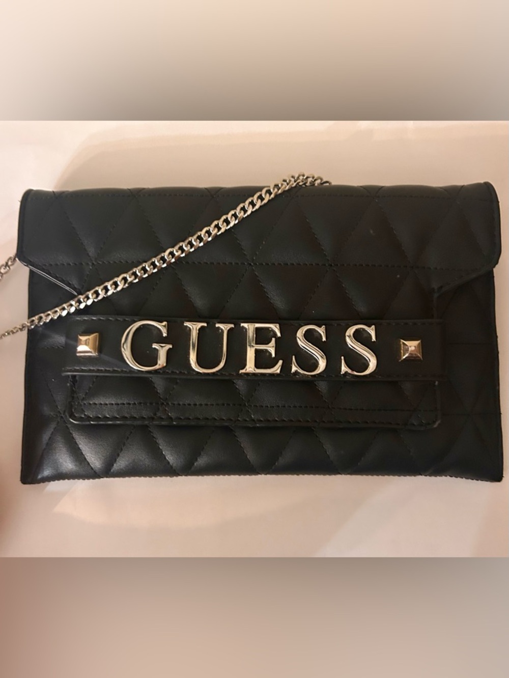 GUESS Black Quilted Logo Clutch with Chain Strap